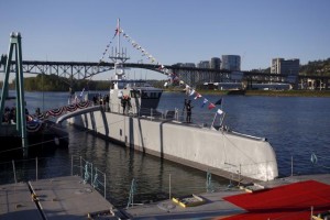 The autonomous ship "Sea Hunter", developed by DARPA, is shown docked in Portland, Oregon before its christening ceremony